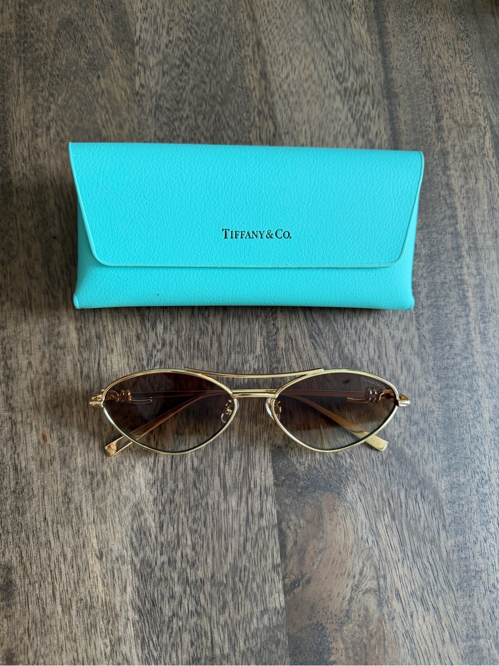 Tiffany & Co. Gold Frame Sunglasses with Brown Lenses and Tiffany Blue Case
